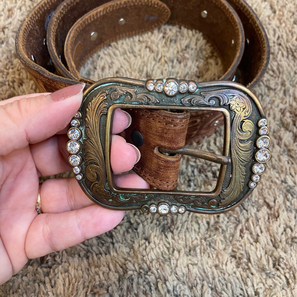 Tony Lama Brown Tooled Leather Rhinestone Western Belt Size 38 C50505. READ - Picture 8 of 8